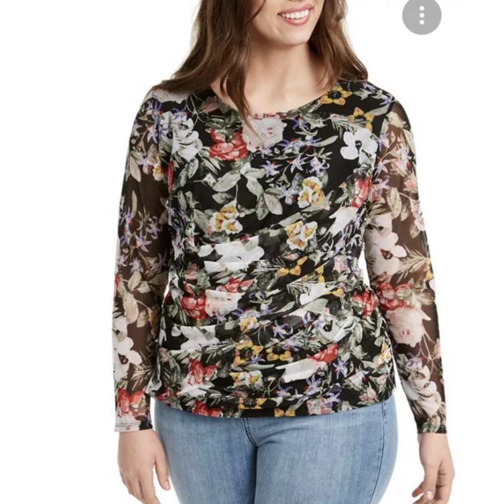 INC Plus Draped Front Floral Top Size 1X Multi Color Long Sheer Sleeves $64